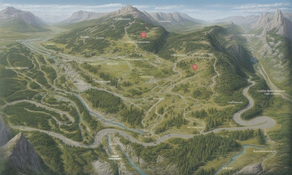 Carte touristique thématique : circuits en voiture, sentiers de randonnée et points de vue classés par niveau d’intensité